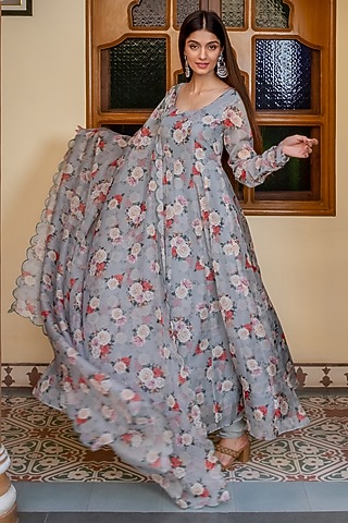 Coin Grey Printed Anarkali Set by House Of Jamoti
