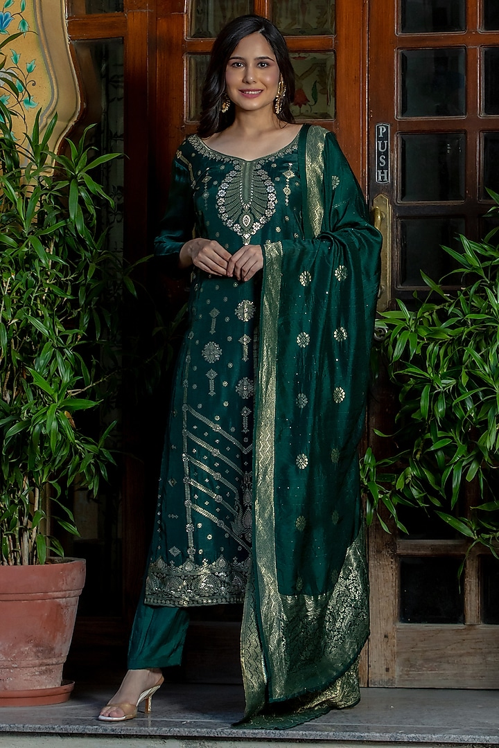 Pine Green Silk Kurta Set by House Of Jamoti