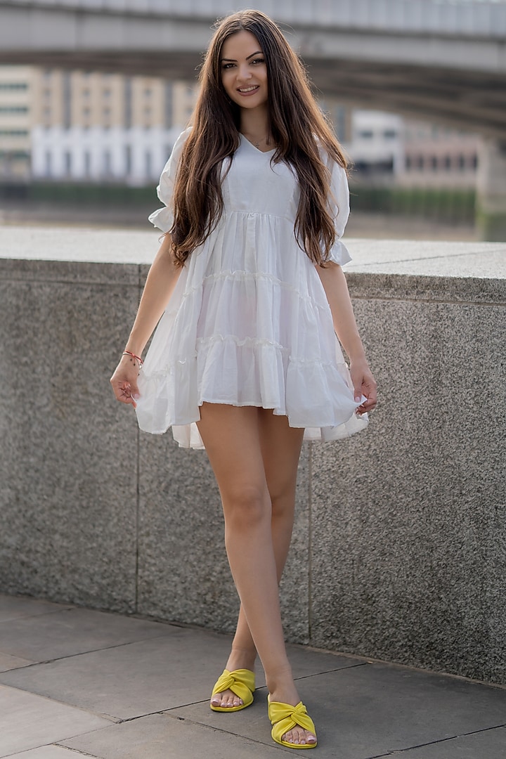 White Cotton Ruffled Mini Summer Dress by House Of Jamoti at Pernia's Pop Up Shop