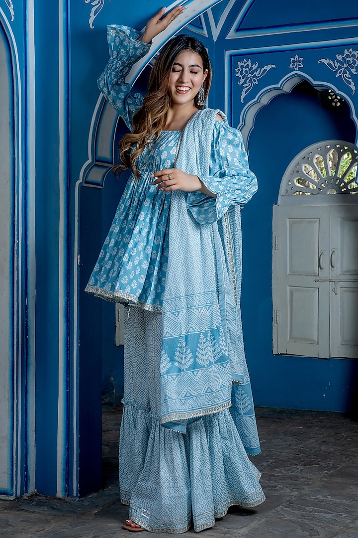 Baby Blue Cotton Sharara Set by House Of Jamoti