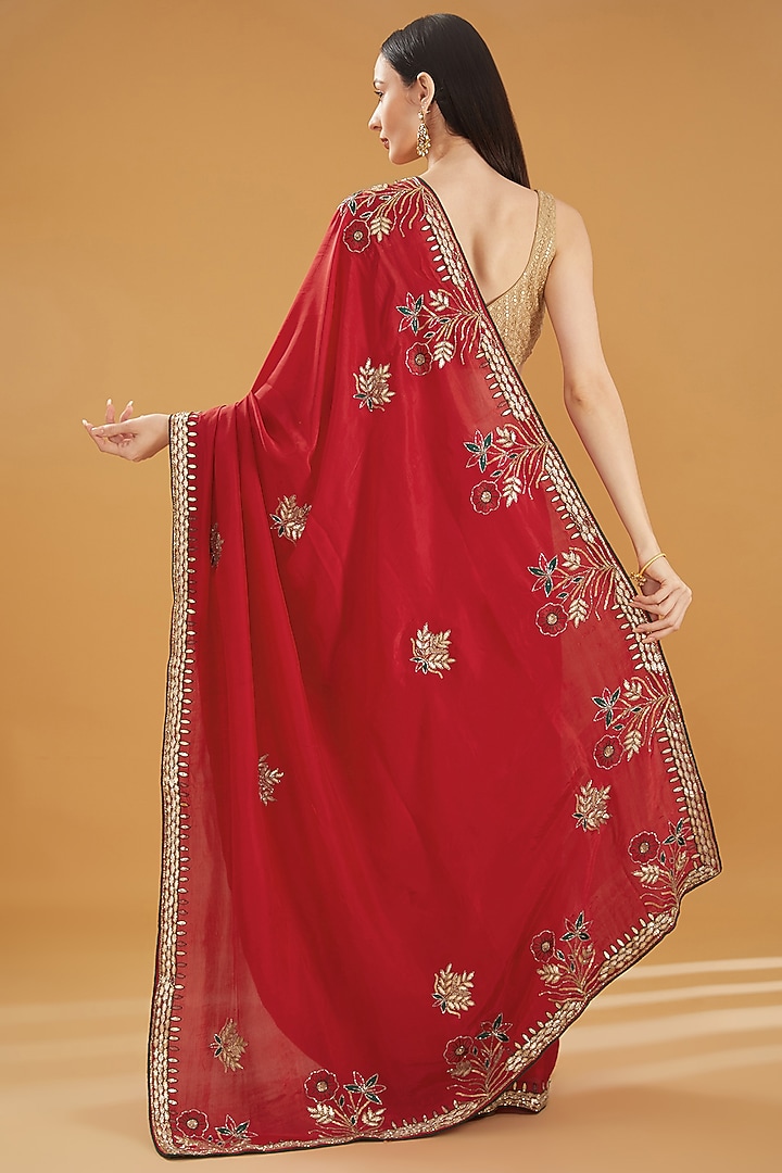Red Upada Silk Gota Hand Work Party Wear Saree by House Of Jamoti at Pernia's Pop Up Shop