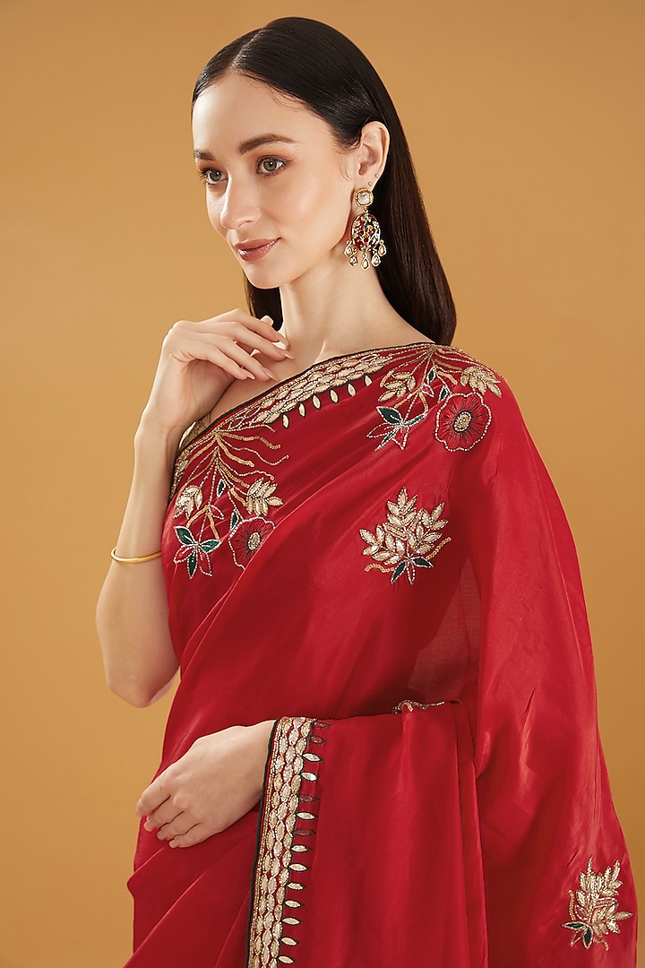 Red Upada Silk Gota Hand Work Party Wear Saree by House Of Jamoti at Pernia's Pop Up Shop