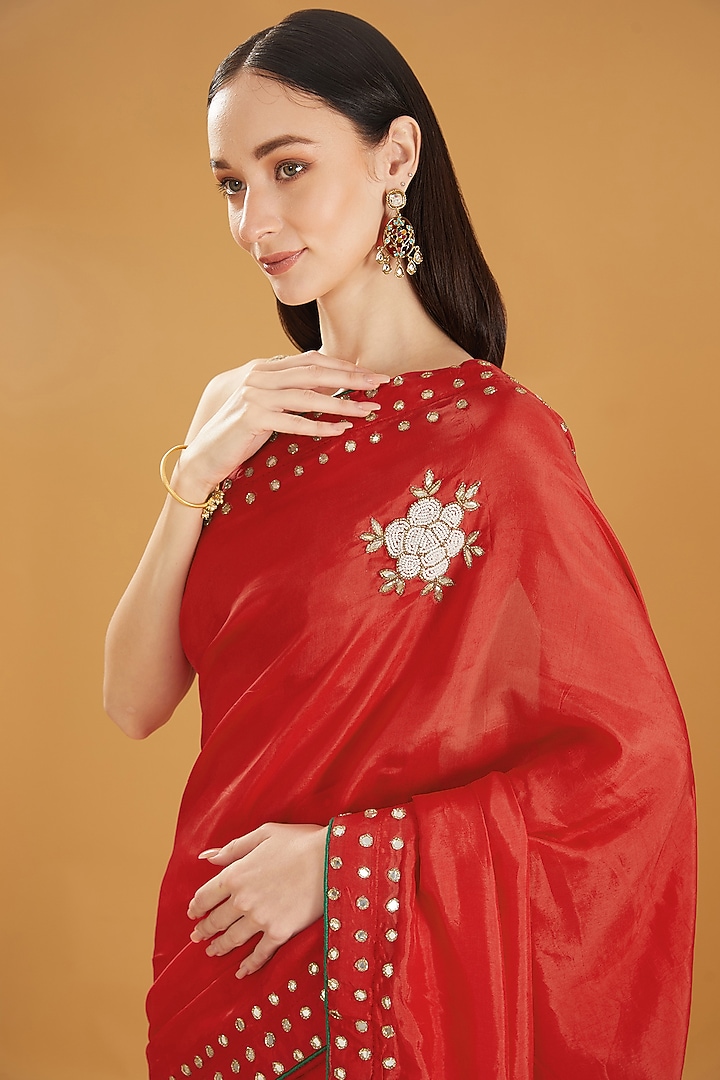 Red Upada Silk Gota Hand Work Party Wear Saree by House Of Jamoti at Pernia's Pop Up Shop