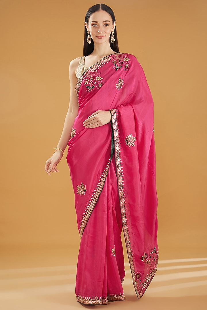 Berry Pink Upada Silk Gota Work Party Wear Saree by House Of Jamoti at Pernia's Pop Up Shop