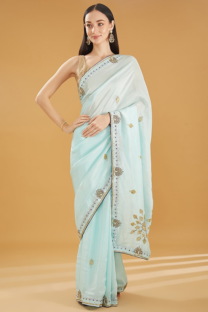 Sky Blue Upada Silk Gota Work Party Wear Saree by House Of Jamoti at Pernia's Pop Up Shop