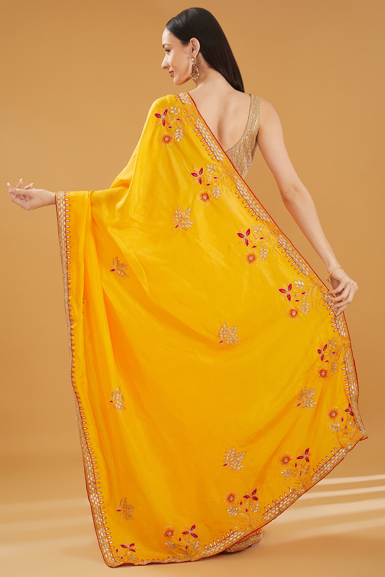 Buy Ochre Yellow Festive Saree In Muslin With Floral Prints And Gota Patti  Border Work KALKI Fashion India