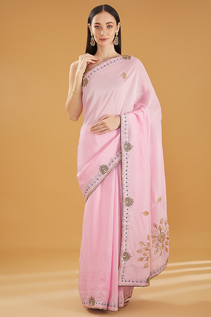 Pastel Pink Upada Silk Gota Work Party Wear Saree by House Of Jamoti at Pernia's Pop Up Shop