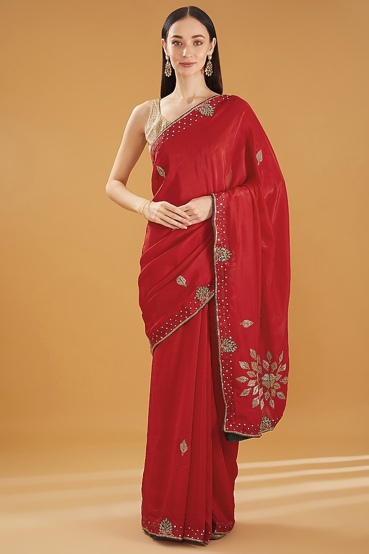 Red Upada Silk Gota Work Party Wear Saree by House Of Jamoti at Pernia's Pop Up Shop