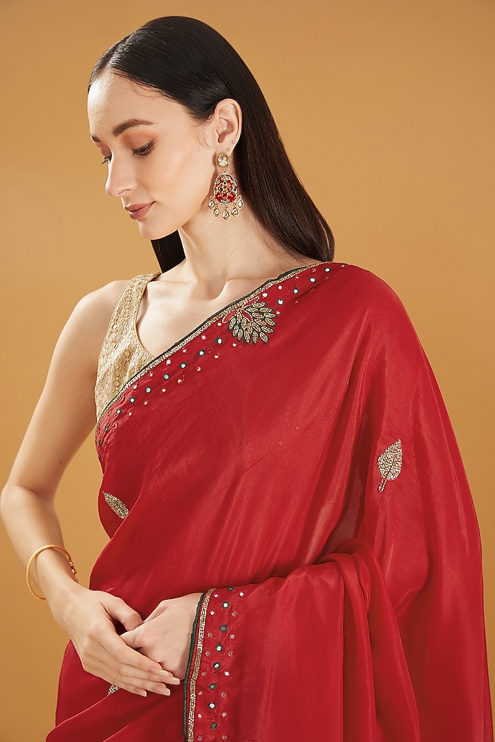 Red Upada Silk Gota Work Party Wear Saree by House Of Jamoti at Pernia's Pop Up Shop