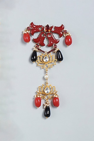 Gold Finish Coral Red Beaded Hair Accessory by Mine Of Design