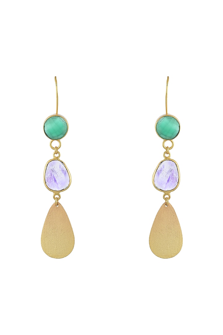 Gold Plated Green Onyx & Amethyst Stone Dangler Earrings by Mine Of Design at Pernia's Pop Up Shop