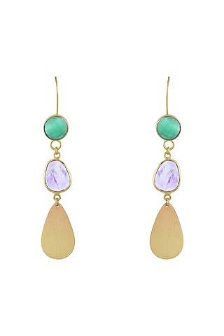 Gold Plated Green Onyx & Amethyst Stone Dangler Earrings by Mine Of Design