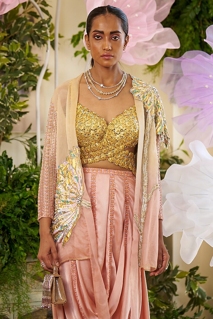 Rose Gold Organza & Butterfly Net Floral Embroidered Cape Set by Moledro at Pernia's Pop Up Shop