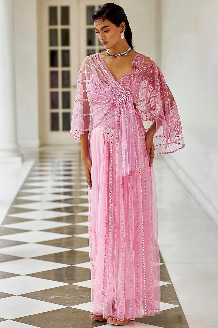 Pink Embroidered Jumpsuit With Cape by Moledro