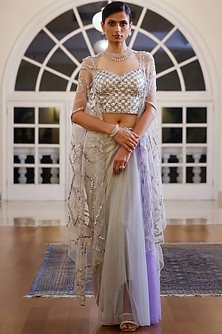 Silver Embellished Draped Skirt Set by Moledro