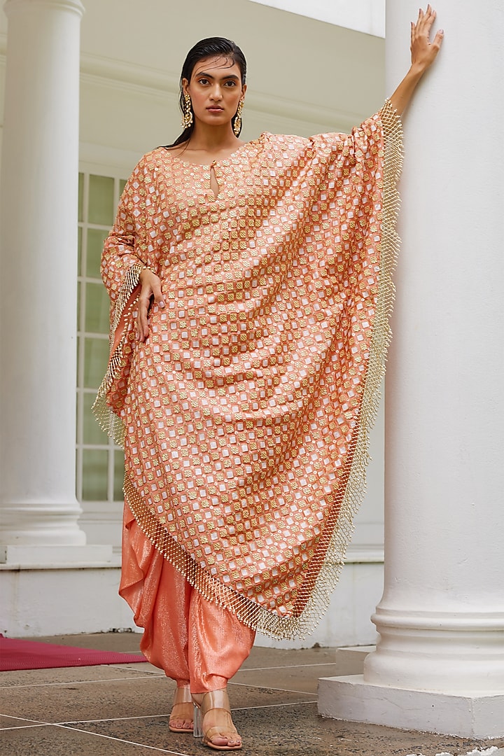 Peach Embroidered & Printed Kaftan Set by Moledro