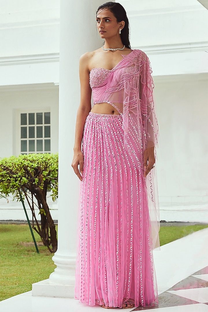 Pink Embroidered Draped Saree Set by Moledro