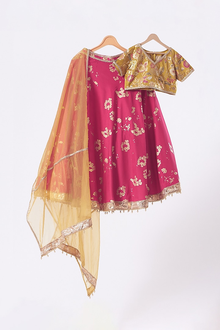 Fuchsia Embroidered Lehenga Set by Moledro - kids