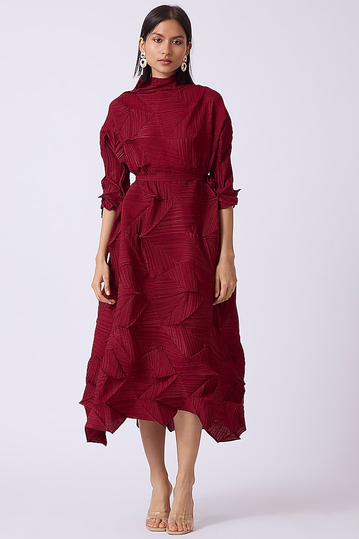 Maroon Pleated Fabric Midi Dress Design by Scarlet Sage at Pernia's Pop