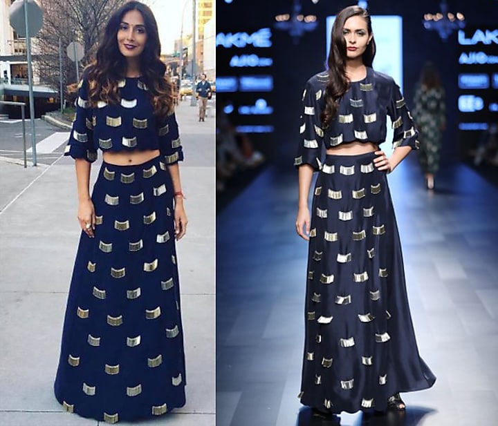 Navy blue embroidered fringe tassels crop top with palazzo pants available only at Pernia's Pop Up Shop.