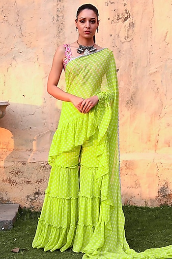 Green Georgette Sharara Pant Party Wear Saree Set by Monk & Mei at Pernia's Pop Up Shop