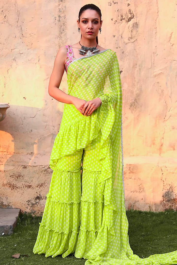 Green Georgette Sharara Pant Saree Set by Monk & Mei