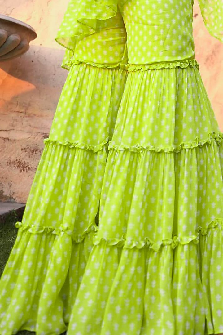 Green Georgette Sharara Pant Party Wear Saree Set by Monk & Mei at Pernia's Pop Up Shop