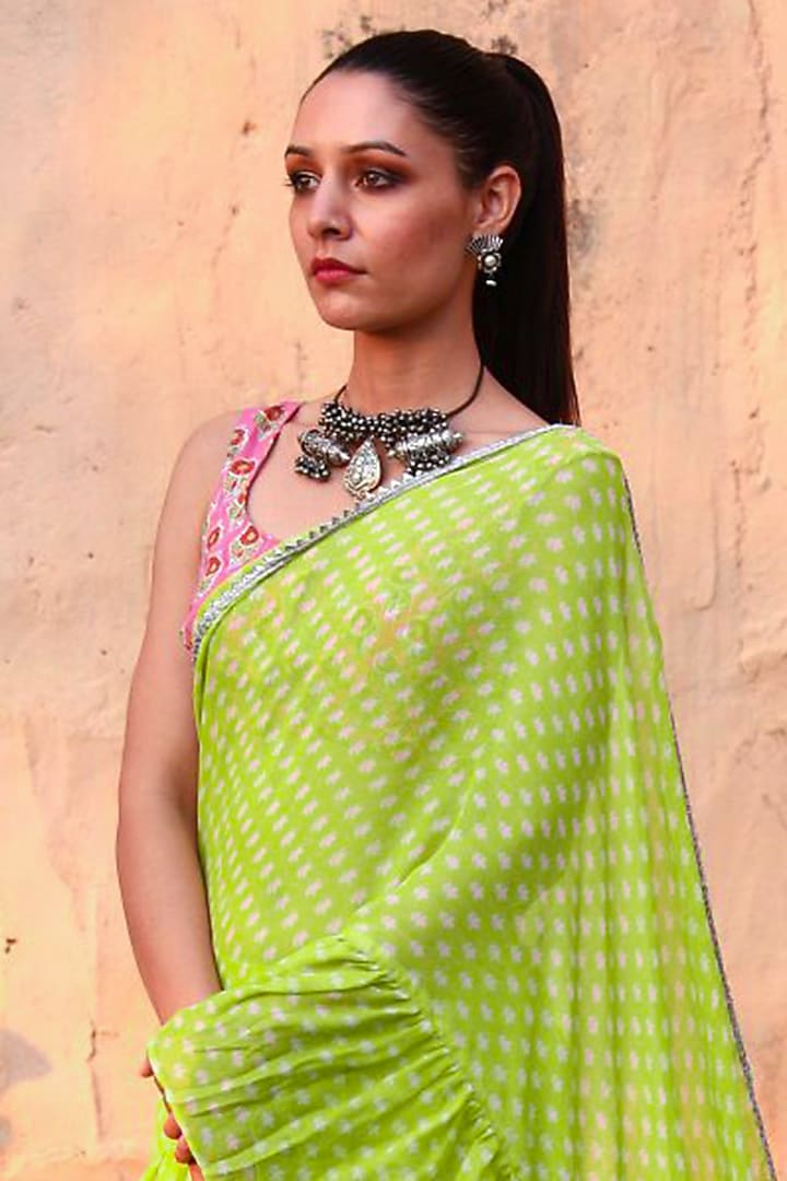 Green Georgette Sharara Pant Party Wear Saree Set by Monk & Mei at Pernia's Pop Up Shop