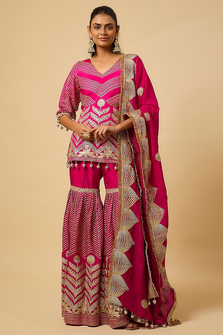 Rani Pink Silk Gota Embellished Party Wear Sharara Set by Monk & Mei at Pernia's Pop Up Shop