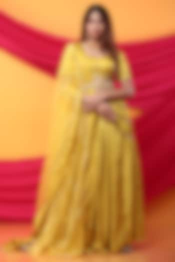 Canary Yellow Silk Blend Hand Embroidered Lehenga Set by Monk & Mei at Pernia's Pop Up Shop