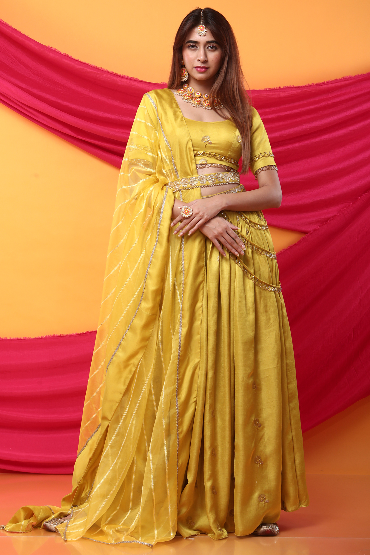 Canary Yellow Silk Blend Hand Embroidered Lehenga Set by Monk & Mei at Pernia's Pop Up Shop