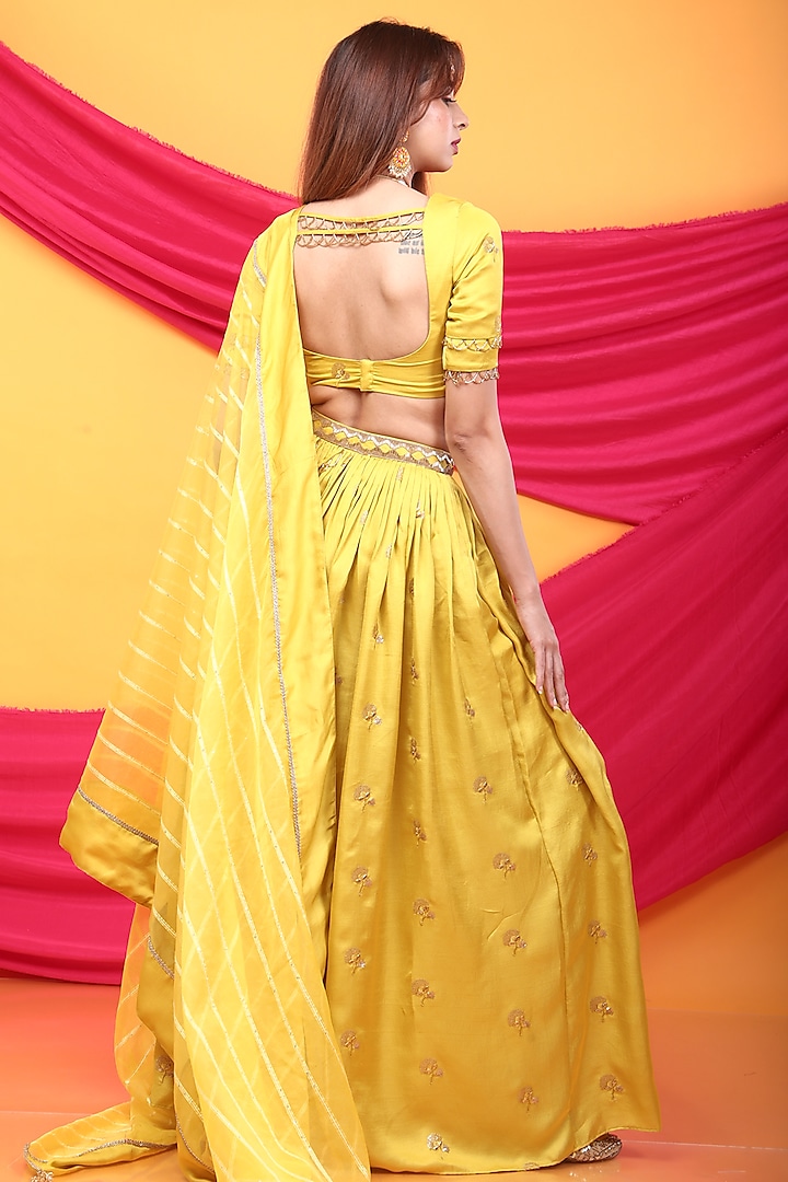 Canary Yellow Silk Blend Hand Embroidered Lehenga Set by Monk & Mei at Pernia's Pop Up Shop