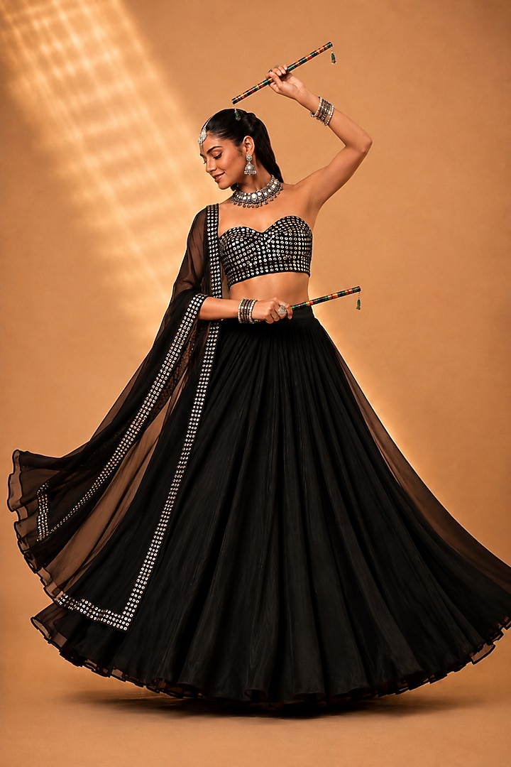 Black Georgette Lehenga Set by Monk & Mei at Pernia's Pop Up Shop