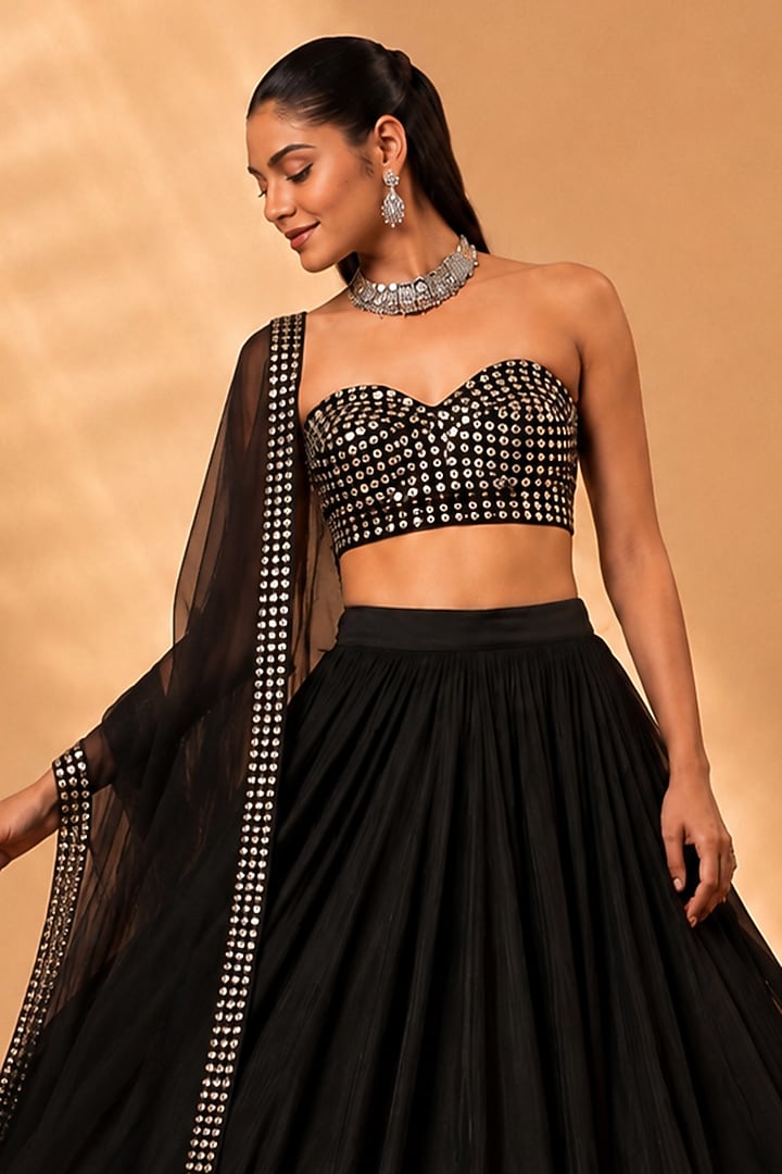 Black Georgette Lehenga Set by Monk & Mei at Pernia's Pop Up Shop