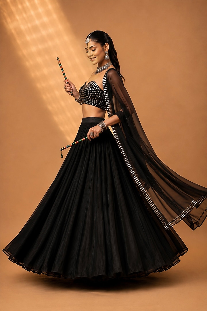 Black Georgette Lehenga Set by Monk & Mei at Pernia's Pop Up Shop