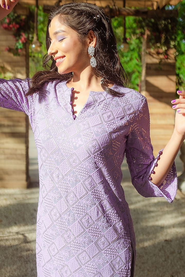 Purple Sequin Embroidered Kurta Set by Monk & Mei at Pernia's Pop Up Shop