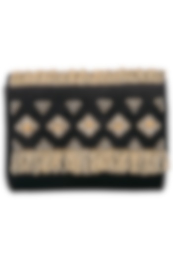 Black Embroidered Fringe Sling Clutch by MKNY