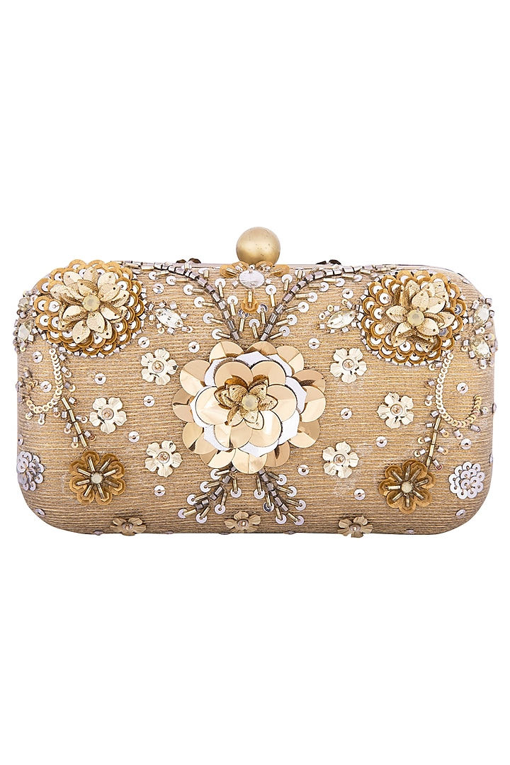 Gold multi colored embroidered clutch by MKNY