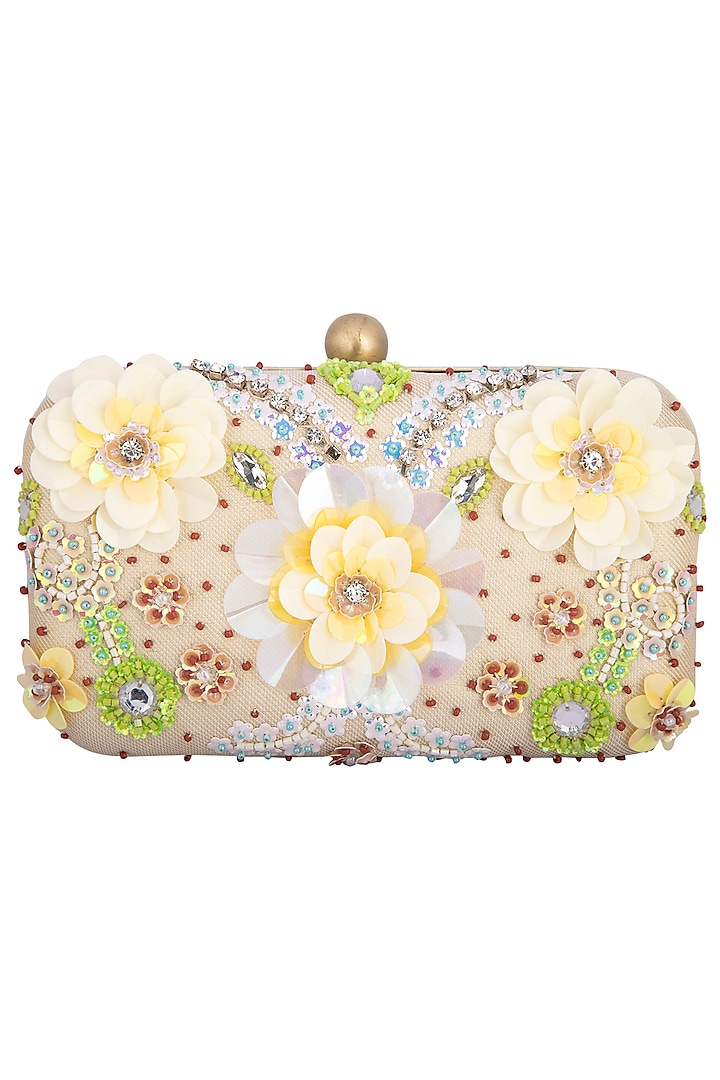 Powder yellow embroidered clutch by MKNY
