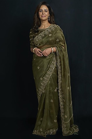Olive Green Organza Hand Embellished Saree Set by Jigar Mali
