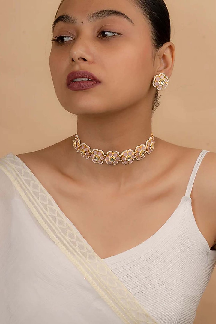 Gold Plated Uncut Polki & Beaded Jadau Choker Necklace Set by Mortantra at Pernia's Pop Up Shop