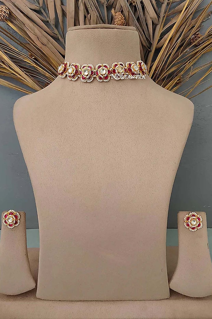 Gold Plated Uncut Polki & Beaded Jadau Choker Necklace Set by Mortantra at Pernia's Pop Up Shop