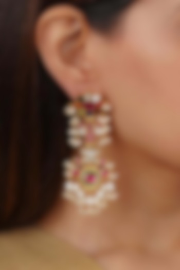 Gold Plated Uncut Polki & Beaded Jadau Dangler Earrings by Mortantra at Pernia's Pop Up Shop