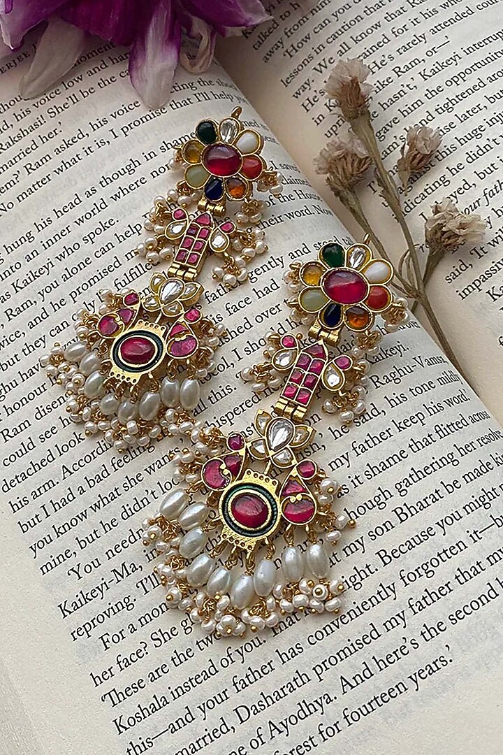 Gold Plated Uncut Polki & Beaded Jadau Dangler Earrings by Mortantra at Pernia's Pop Up Shop