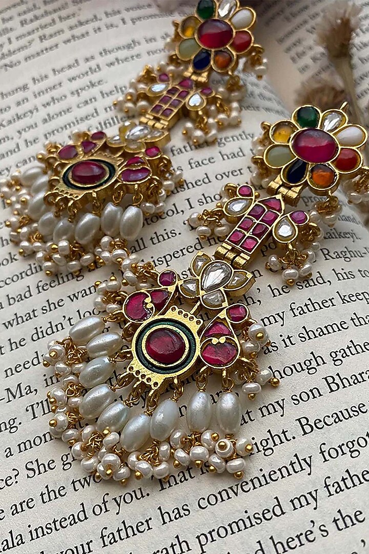 Gold Plated Uncut Polki & Beaded Jadau Dangler Earrings by Mortantra at Pernia's Pop Up Shop