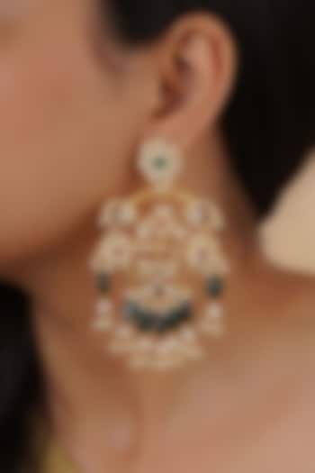 Gold Plated Uncut Polki & Beaded Jadau Dangler Earrings by Mortantra at Pernia's Pop Up Shop