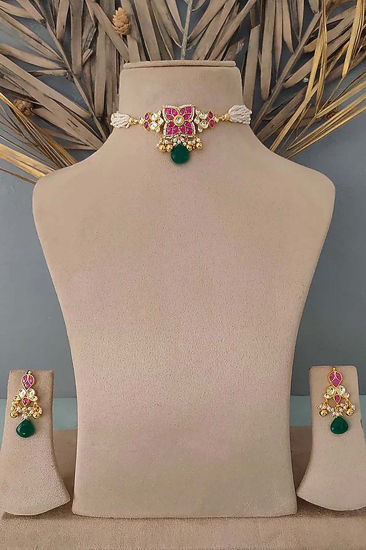 Gold Plated Uncut Polki & Beaded Jadau Choker Necklace Set by Mortantra at Pernia's Pop Up Shop