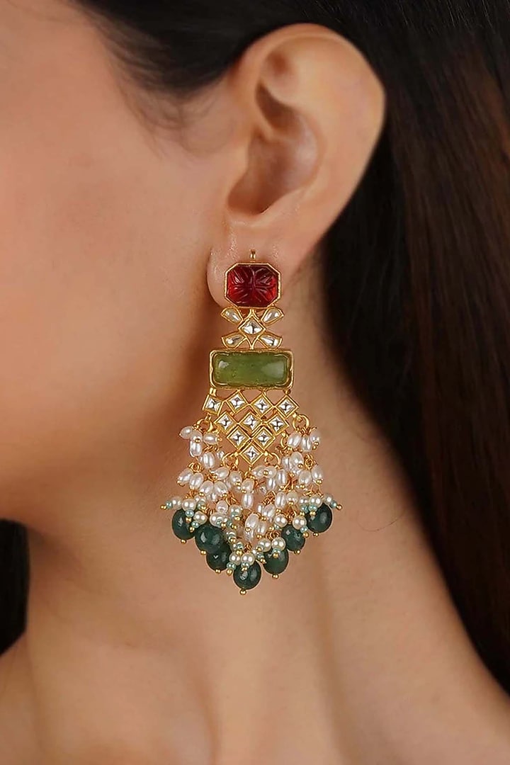 Gold Plated Uncut Polki & Beaded Jadau Dangler Earrings by Mortantra at Pernia's Pop Up Shop