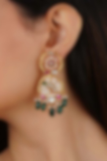 Gold Plated Uncut Polki & Beaded Jadau Dangler Earrings by Mortantra at Pernia's Pop Up Shop