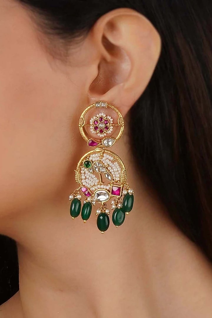 Gold Plated Uncut Polki & Beaded Jadau Dangler Earrings by Mortantra at Pernia's Pop Up Shop